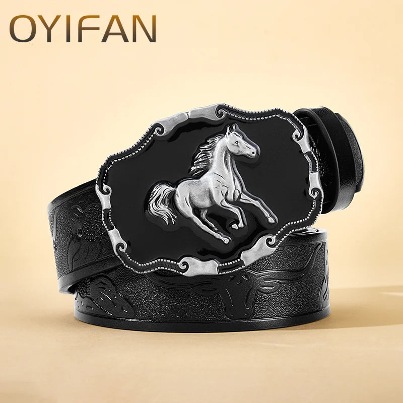 OYIFAN Western Belt Cowboy Leather Belt Men Waist Strap Bull Decoration Floral Engraved for Jeans Cowgirl belt