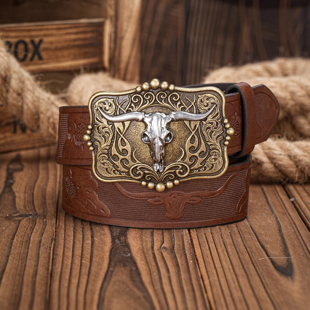 Western Cowboy PU Leather Belt - Men Waist Strap Bull Decoration Floral Engraved for Jeans