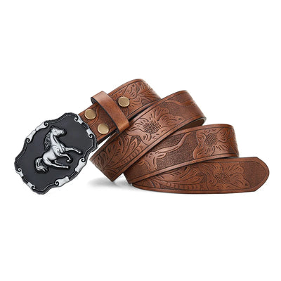 OYIFAN Western Belt Cowboy Leather Belt Men Waist Strap Bull Decoration Floral Engraved for Jeans Cowgirl belt