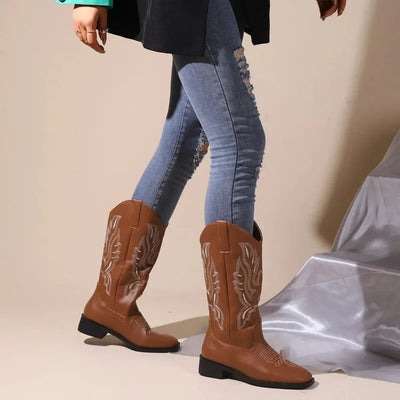 2024 Genuine Cowgirl Boots Chunky Botas Mujer Brand Designer Cowboy  Boots Embroider Casual Shoes Cossack Retro Booties