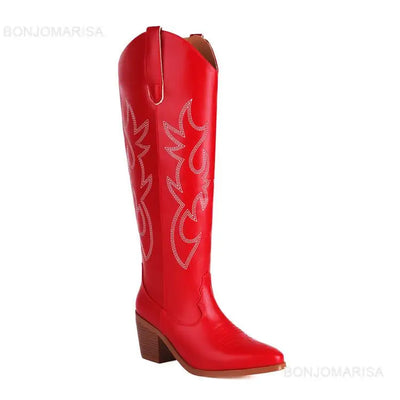 Plus Size 45 Women's Embroidered Western Knee High Boots Cowboy Cowgirl Boots Chunky Heel Platform Boots Women Western Shoes