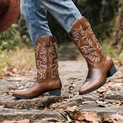 Men Boot 2025 Mid Calf Western Cowboy Motorcycle Boots Male Autumn Outdoor PU Leather Totem Med Heel Fashion Designed Men Boots