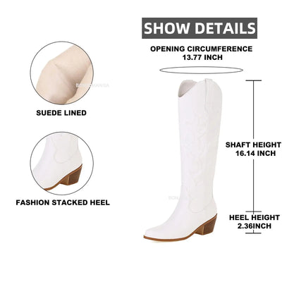 Plus Size 45 Women's Embroidered Western Knee High Boots Cowboy Cowgirl Boots Chunky Heel Platform Boots Women Western Shoes