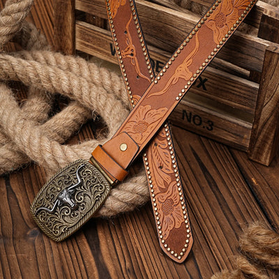 Men Women-Western-Cowboy-PU Leather-Belts - Vintage Belt Floral Engraved Buckle Belt for Jeans