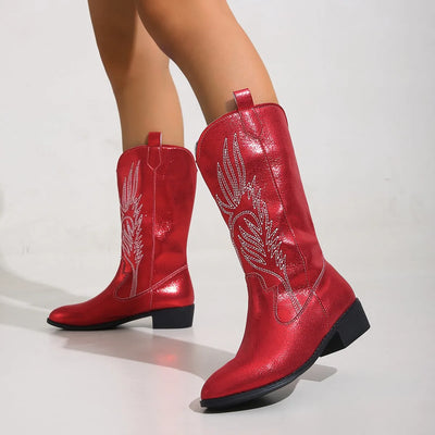 Gold Mid-calf Boots Women Silver Pointed Western Cowboy Boots Retro Fashion Black Boot Plus Size 36-43 WomenBoots