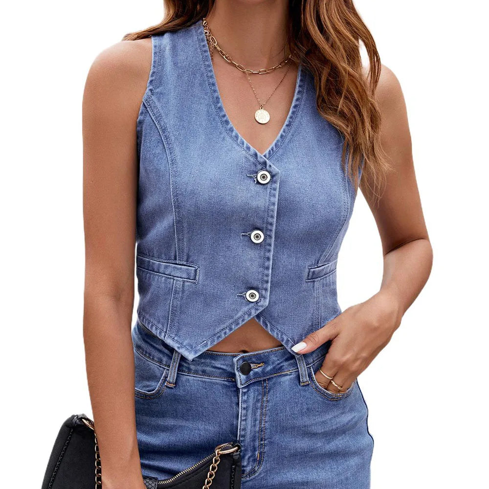 Women U Collar Sleeveless Denim Vest Coats Summer Spring Female Button Slim Jean Tank Tops MNFS-MN2262 - My Store