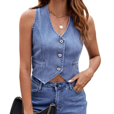 Women U Collar Sleeveless Denim Vest Coats Summer Spring Female Button Slim Jean Tank Tops MNFS-MN2262 - My Store