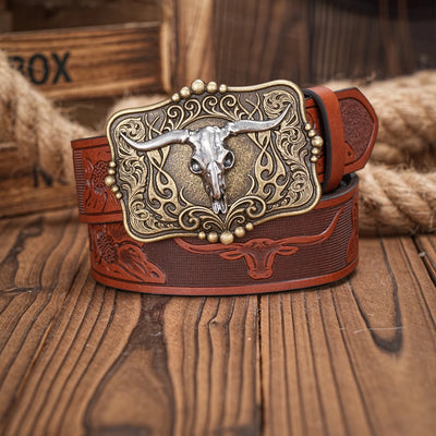 Western Cowboy PU Leather Belt - Men Waist Strap Bull Decoration Floral Engraved for Jeans