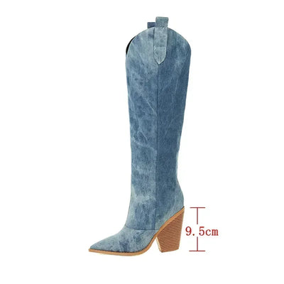 Denim Western Women Knee Thigh High Boots New 2024 Autumn Winter High Heel Cowboy Long Boots Size 43 Slip on Woman Shoes
