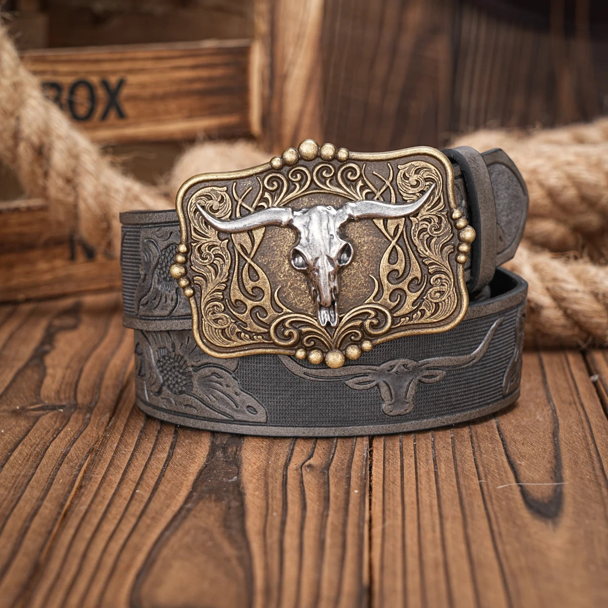 Western Cowboy PU Leather Belt - Men Waist Strap Bull Decoration Floral Engraved for Jeans