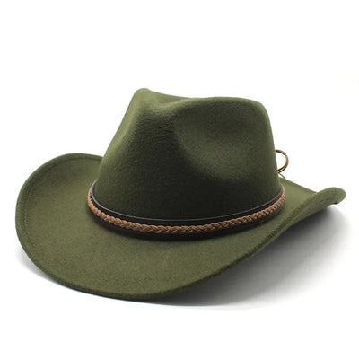 Winter Roll Up Brim Western Cowboy Hat With Leather Retro Gentleman Lady Jazz Cowgirl Cap Church Sombrero Caps