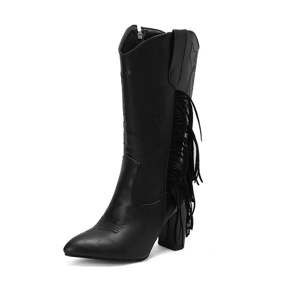 Fashionable square toe cowgirl boots with decorative fringe details