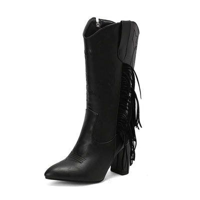 Fashionable square toe cowgirl boots with decorative fringe details