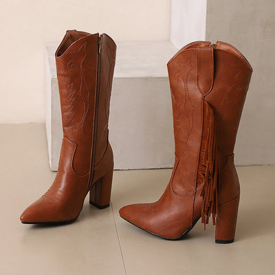 Knee high fashion cowboy boots with comfortable square heel design
